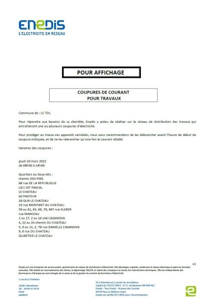 Coupures de courant ENEDIS pur travaux le jeudi 10 mars 2022