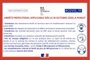 Covid-19 / Octobre 2020 : Mesures préfectorales à compter du 16 octobre 2020