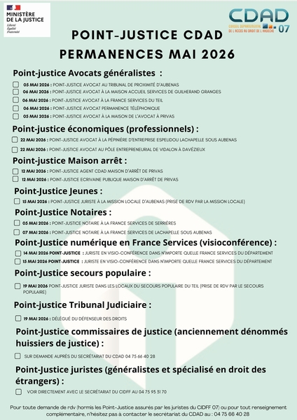 Planning Point Justice du mois de mai