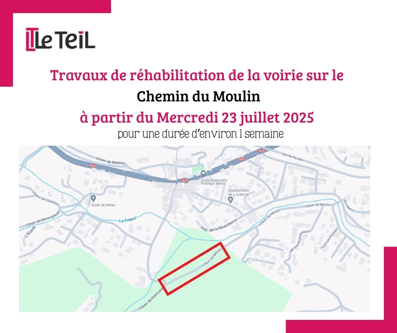 Travaux Chemin du Moulin à partir du 23 juillet 2025