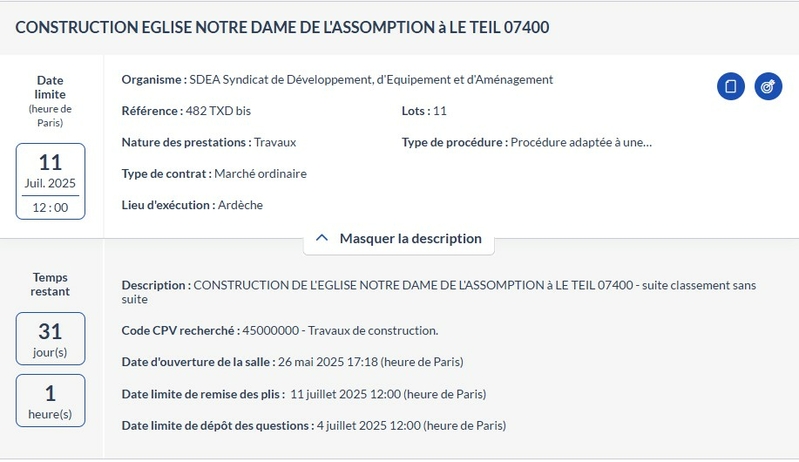 CONSTRUCTION EGLISE NOTRE DAME DE L'ASSOMPTION à LE TEIL 07400 // www.achatpublic.com